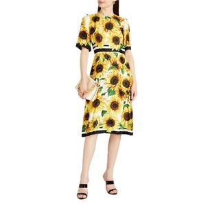 NWT Dolce & Gabbana Yellow Sunflower Floral Print Silk Twill Midi Dress IT 42 M